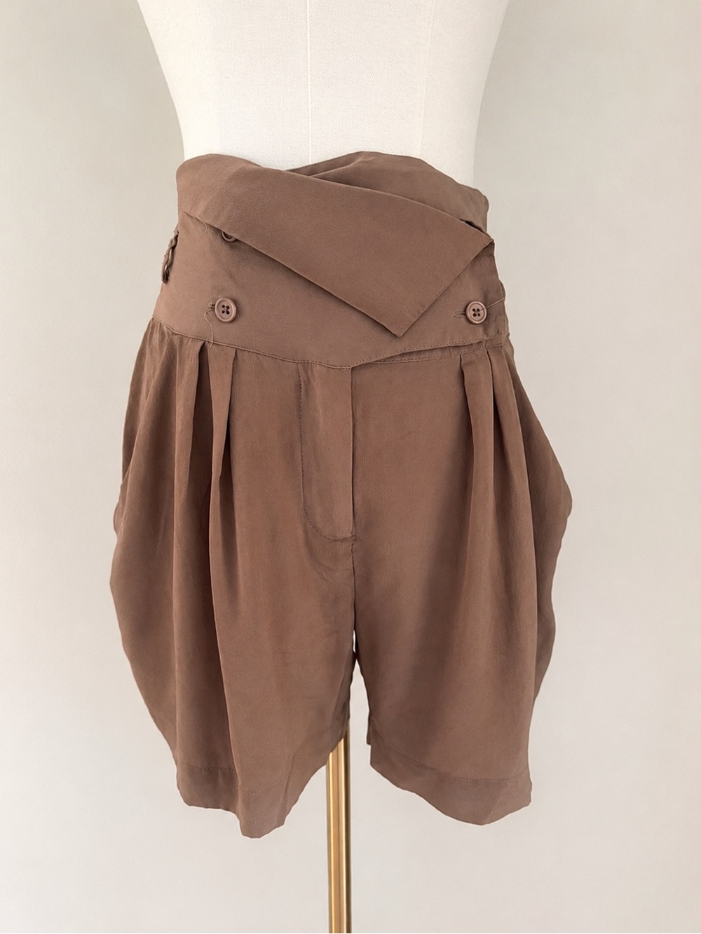 Aryn K 100% Silk Draped Foldover High Waist Shorts Brown Size M